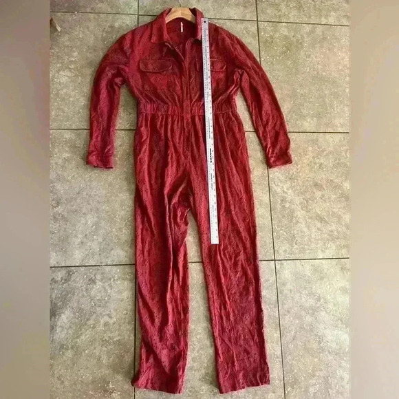 Free People Set The Tone Eyelet Jumpsuit in Rust Combo Size 2 - Picture 5 of 8